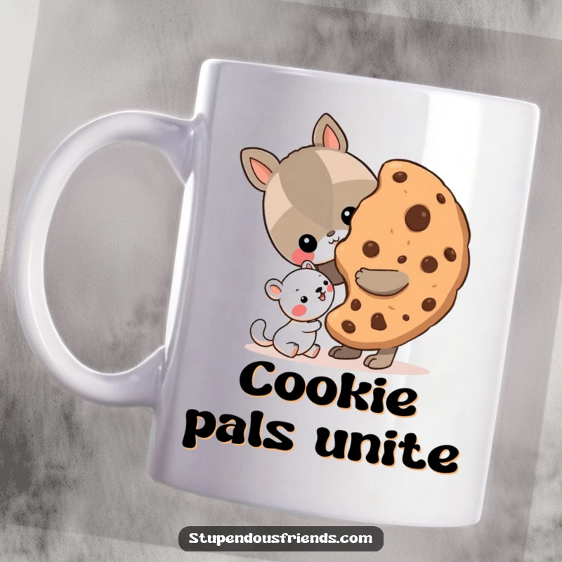 Funny Mug featuring a kind animal character sharing a giant cookie with a happy smaller animal friend, symbolizing generosity and friendship.