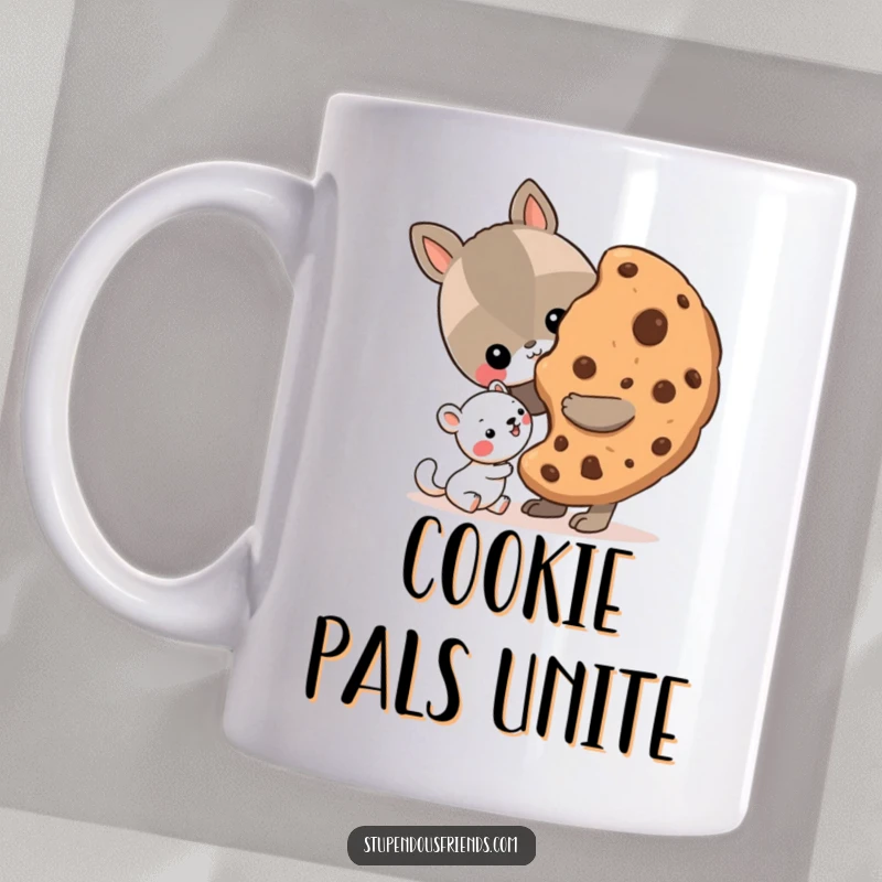 Funny Mug featuring a kind animal character sharing a giant cookie with a happy smaller animal friend, symbolizing generosity and friendship.