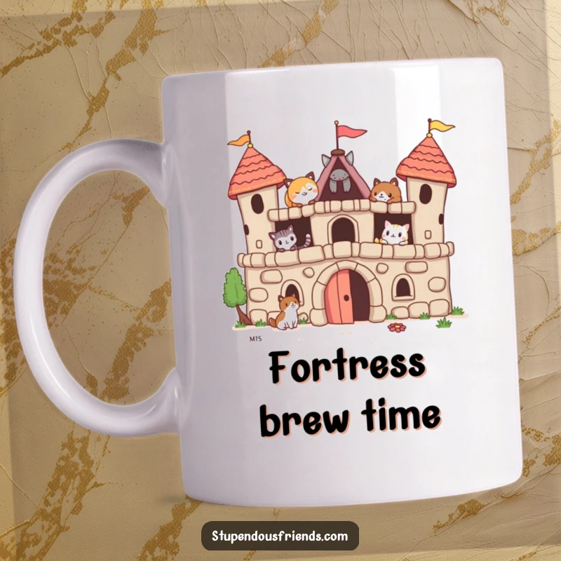 Funny mug showing cute animal friends enthusiastically building a whimsical fort together, creating a scene of teamwork and joy.