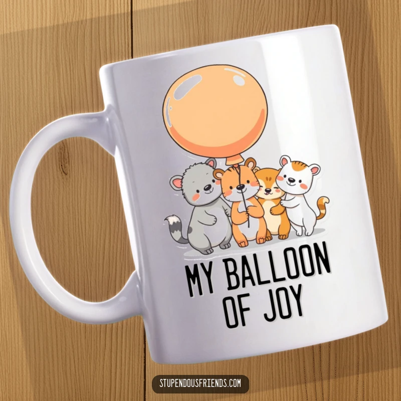 Funny Mug showing animal characters sharing a large, colorful balloon, their faces beaming with shared joy and excitement for a fun adventure.