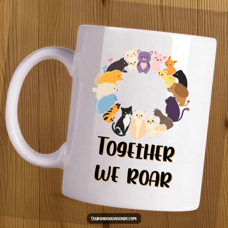 Funny Mug showcasing a diverse group of animal silhouettes forming a circle, celebrating unity in nature.