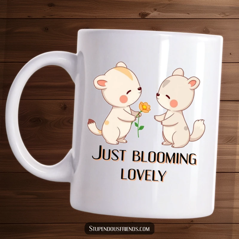 Funny mug showing one animal gently offering a flower to another with a kind nod, symbolizing friendship and kindness.