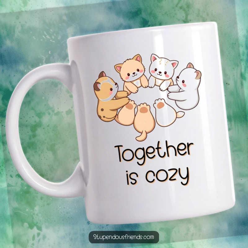 Funny mug showcasing a diverse group of animal characters holding paws in a circle, symbolizing unity, friendship, and teamwork.