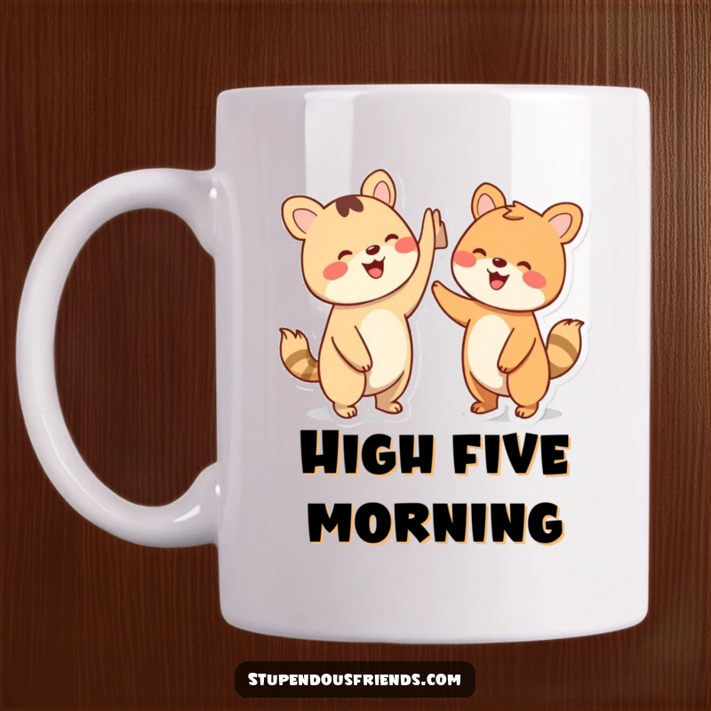 Funny Mug: Two simplified animal characters gleefully high-fiving with wide smiles, symbolizing friendship and victory.