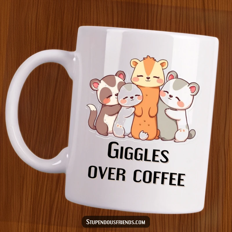 Funny mug featuring a group of cute animal characters huddled together, whispering secrets and sharing infectious giggles.