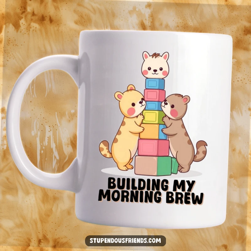 Funny Mug: Two cute animals playfully building a tall tower of colorful blocks. This funny design celebrates teamwork and fun.