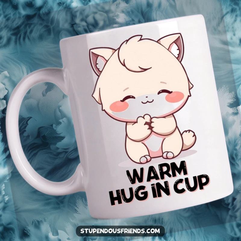 Funny mug depicting one character offering a comforting paw with a gentle smile to another, radiating kindness.