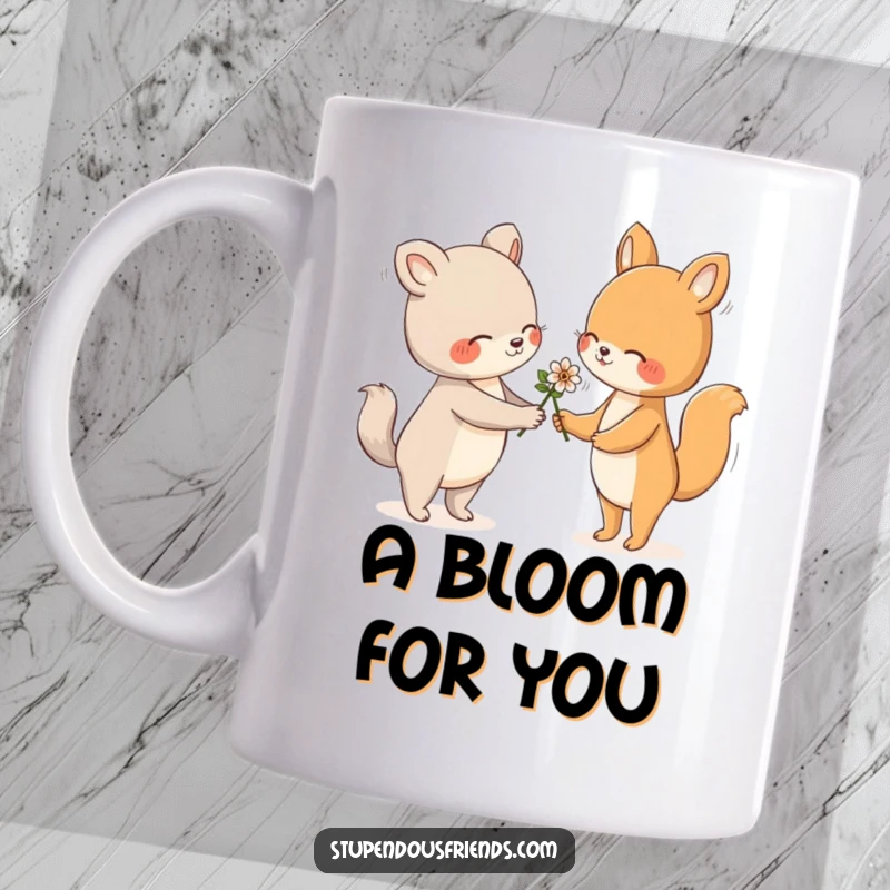 Funny Mug with one animal gently handing a flower to another, conveying a sweet, friendly, and heartwarming gesture.