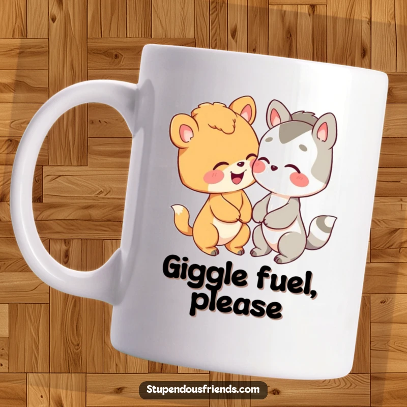 Funny mug with two cute, stylized animals leaning in, sharing a secret giggle and looking delighted.