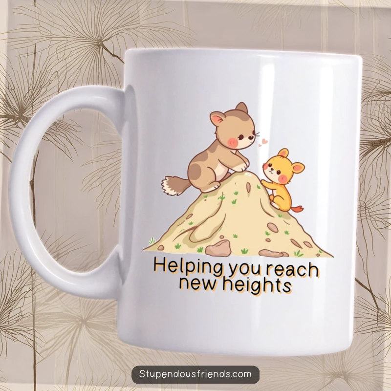 Funny Mug showing a kind animal assisting another in climbing a small hill, highlighting loyalty and mutual support with a charming illustration.