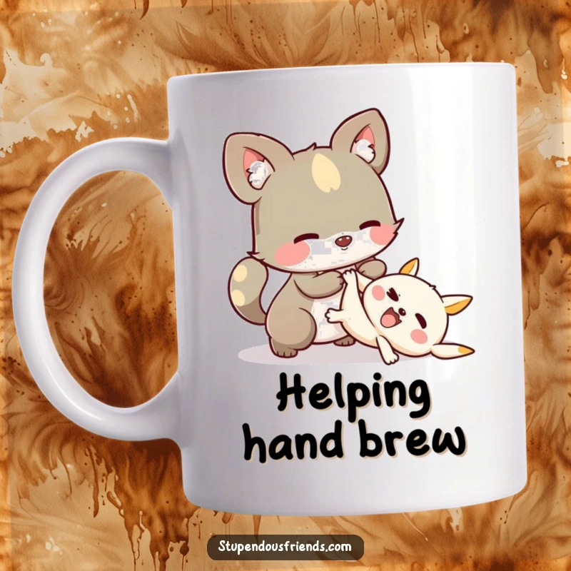Funny Mug: A whimsical animal character gently helping another character to their feet after a playful tumble.