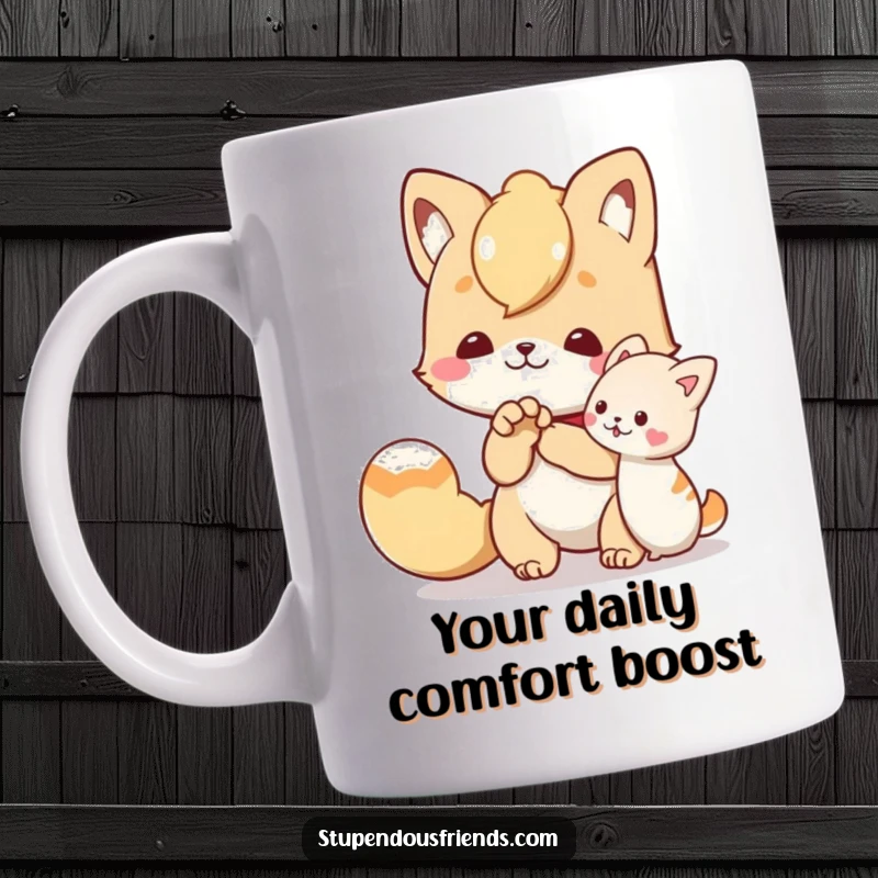 Funny mug featuring a character offering a helping paw to a friend in need, emphasizing kindness, support, and humorous empathy.