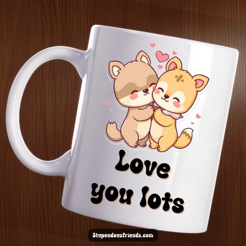 Funny mug depicting two adorable animal characters sharing a warm hug, with sparkling hearts visibly radiating between them.