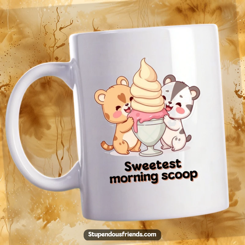 Funny animal characters delightedly sharing one giant scoop of ice cream together on this humorous mug.