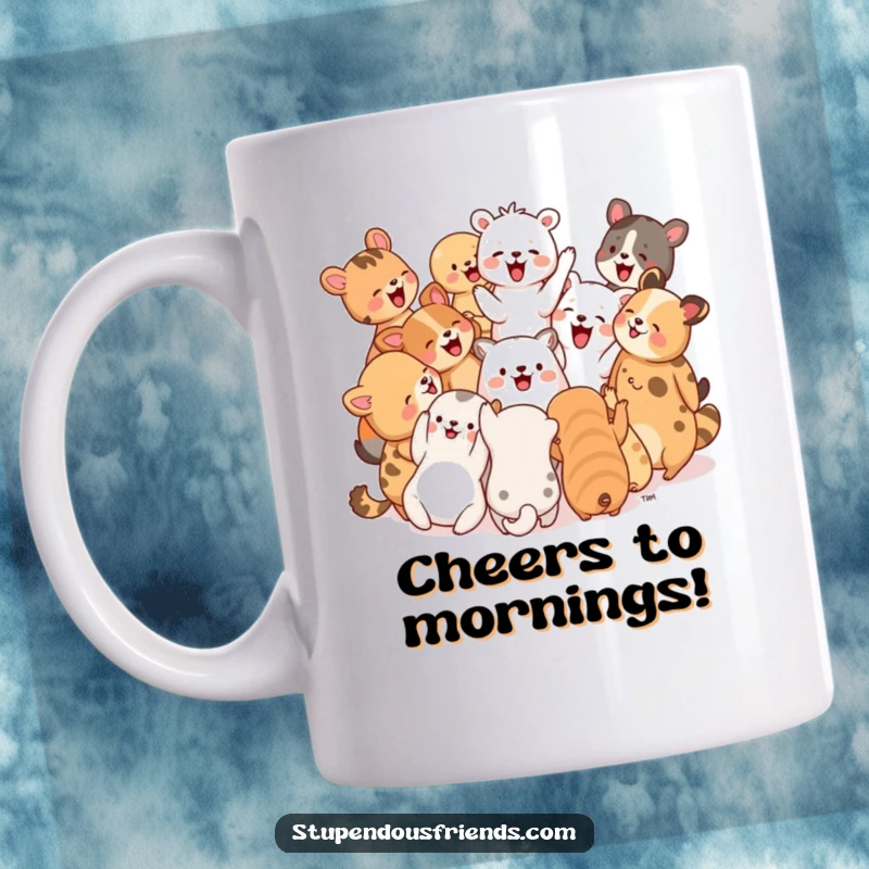 Funny Mug: A group of cheerful animals forms a circle, spontaneously cheering and laughing together in a moment of pure glee.
