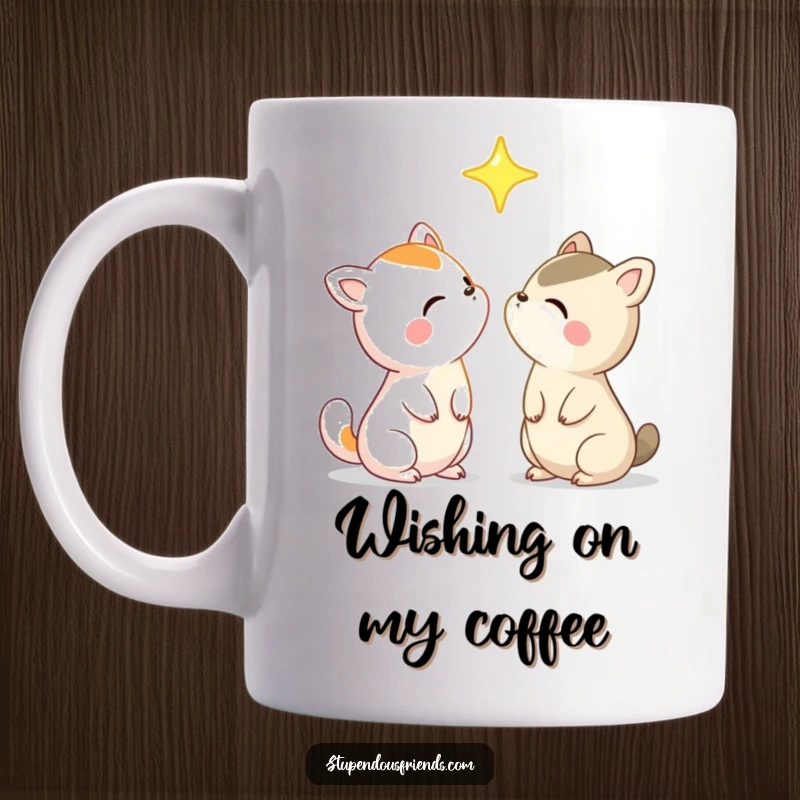 Funny Mug with two animal characters gazing up at a bright star, symbolizing shared dreams and wonder with a humorous touch.