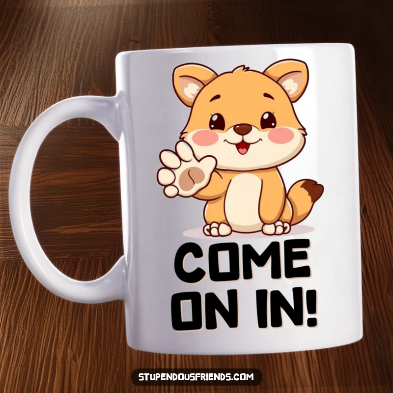 Funny mug with a cute animal extending its paw in a warm, friendly, and funny welcome gesture. Ideal for animal lovers seeking a humorous addition.