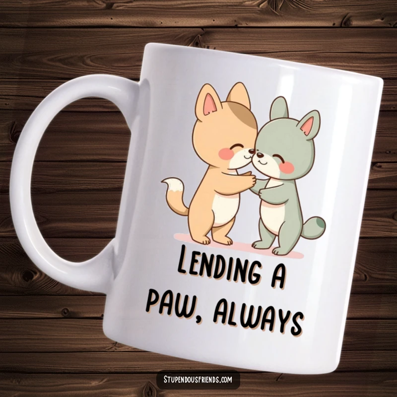 Funny mug showing a cute animal character extending a paw to help a struggling friend, symbolizing support and friendship.