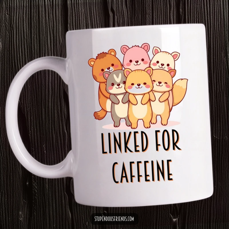 Funny mug illustrating a diverse group of happy animals holding hands, forming a cheerful and unbreakable chain.