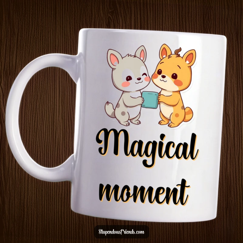 Funny mug showing two animal characters looking with delight at a wondrous, shared discovery, capturing surprise and joy.