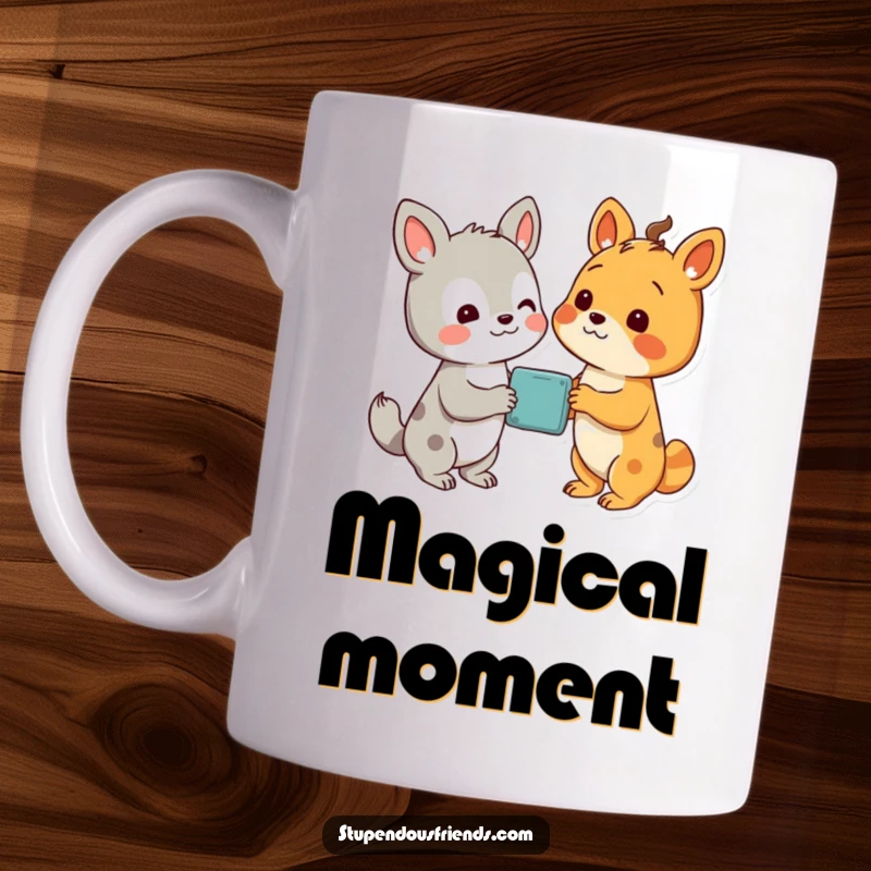 Funny mug showing two animal characters looking with delight at a wondrous, shared discovery, capturing surprise and joy.