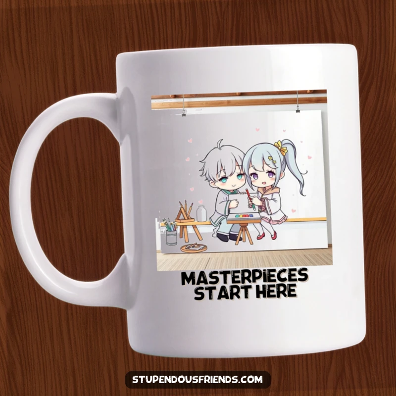 Funny mug showing two cartoon characters joyfully painting side-by-side on a giant canvas, symbolizing collaborative artistic fun.