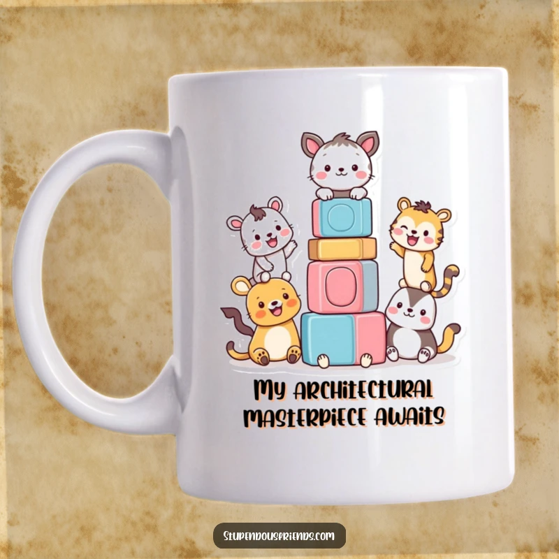 Funny mug featuring smiling animals cooperatively building a tall tower of colorful blocks, radiating teamwork and joy.