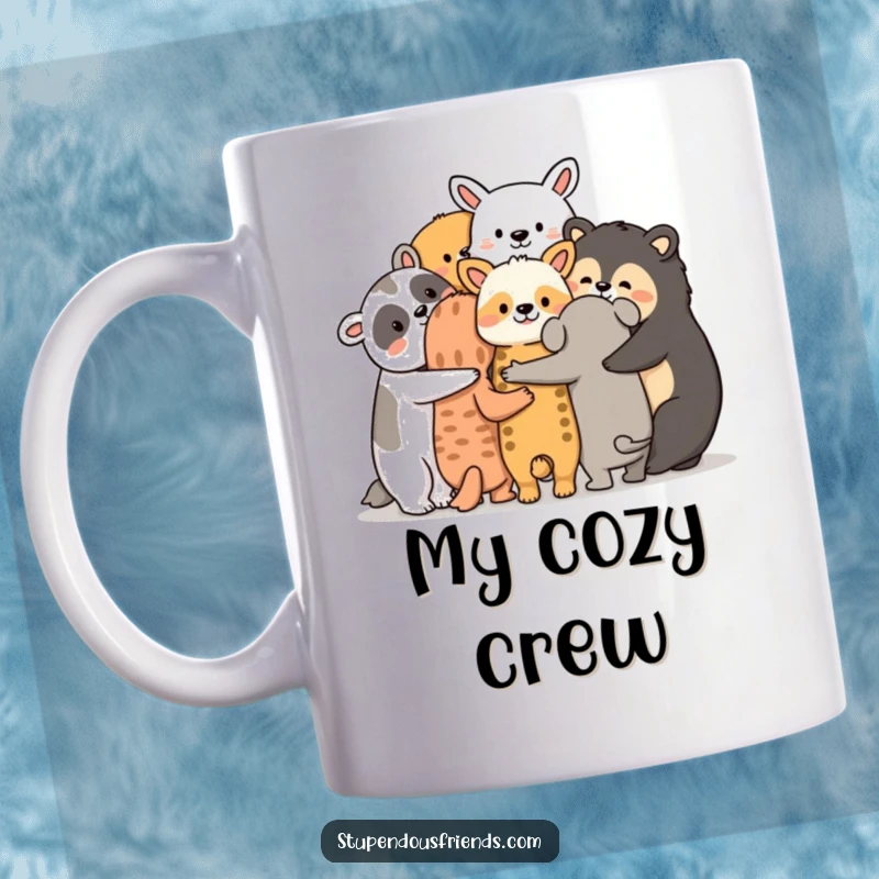 Funny animal friends mug, a group huddled together with arms around each other, symbolizing friendship and cozy togetherness.