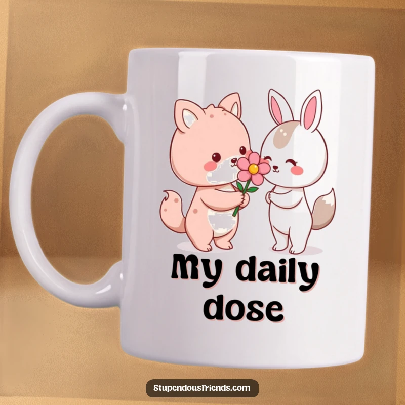 Funny Kawaii animal character gently gifting a bright flower to another character on a ceramic mug, symbolizing kindness, a perfect funny gift.