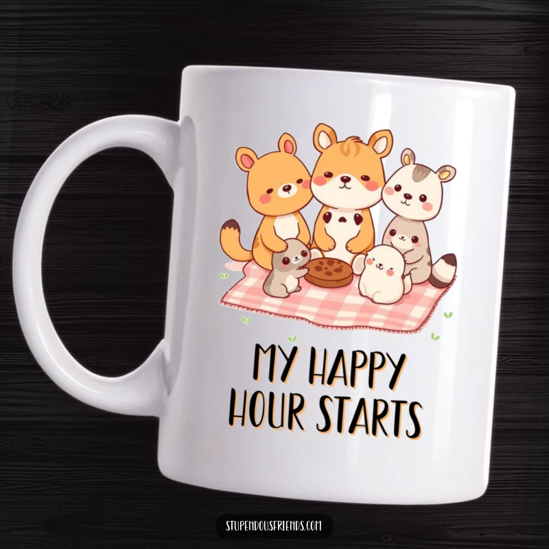 Funny mug showing cute animals sharing a picnic blanket, enjoying food and company. A heartwarming funny gift.