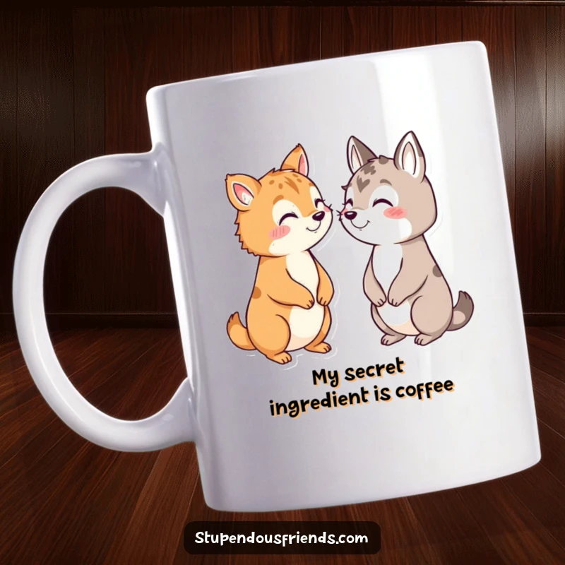 Funny mug depicting animals leaning in close, sharing a secret with conspiratorial grins and mischievous eyes.