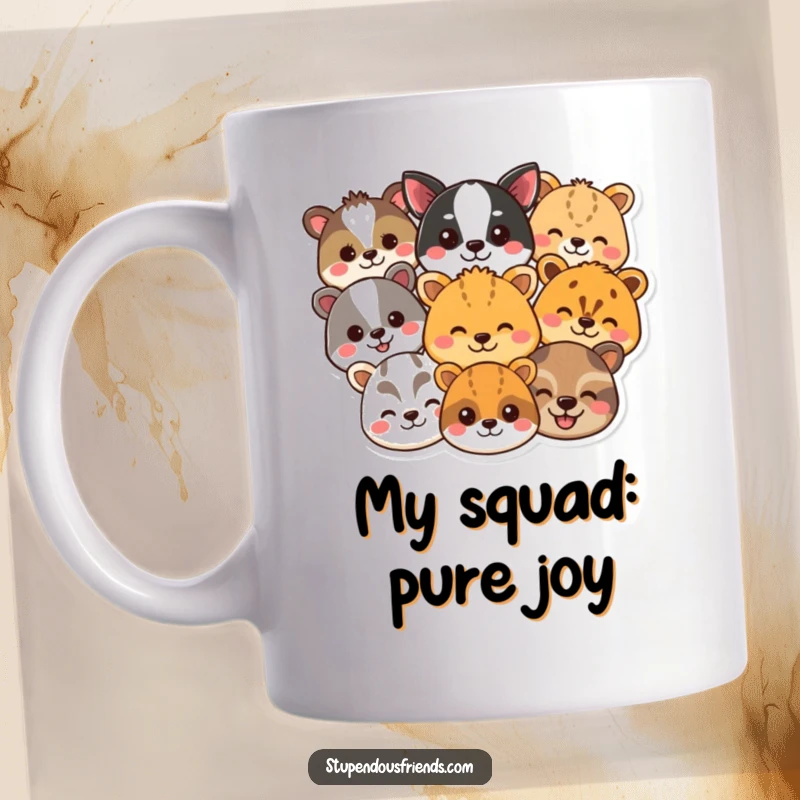 Funny smiling animal heads mug featuring a variety of cheerful creatures, spreading pure joy and happiness. A perfect funny gift.