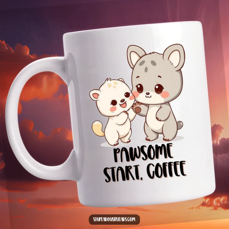 Funny mug showing one cute animal character extending a paw to help another, symbolizing friendship and support.