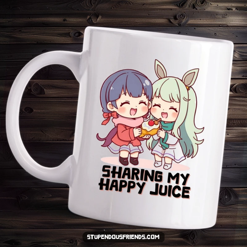 Funny Mug: A character happily shares a delicious treat with a smiling friend. This funny design celebrates generosity and friendship.