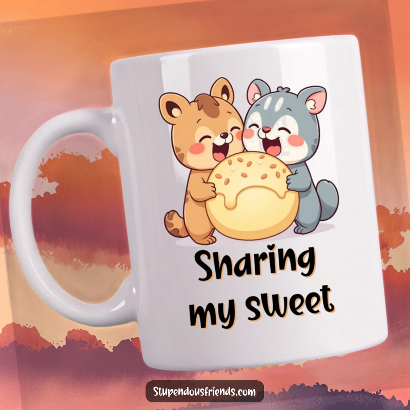 Funny mug showing two cute animal characters joyfully sharing an oversized, delectable treat together.