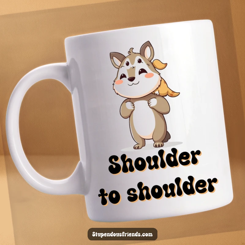 Funny mug depicting a larger animal character proudly lifting a smaller friend onto its shoulders with a beaming smile.