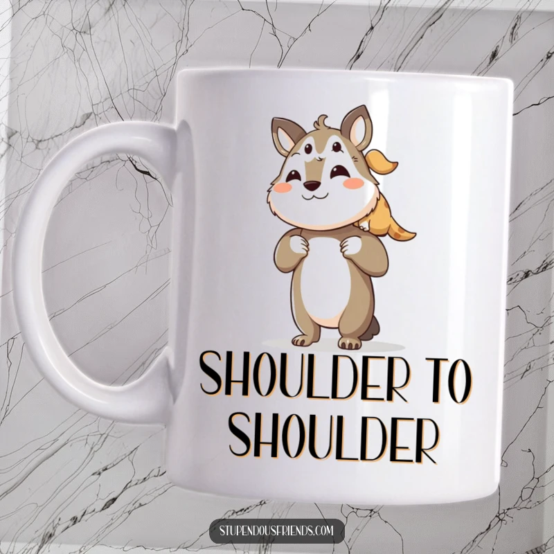 Funny mug depicting a larger animal character proudly lifting a smaller friend onto its shoulders with a beaming smile.