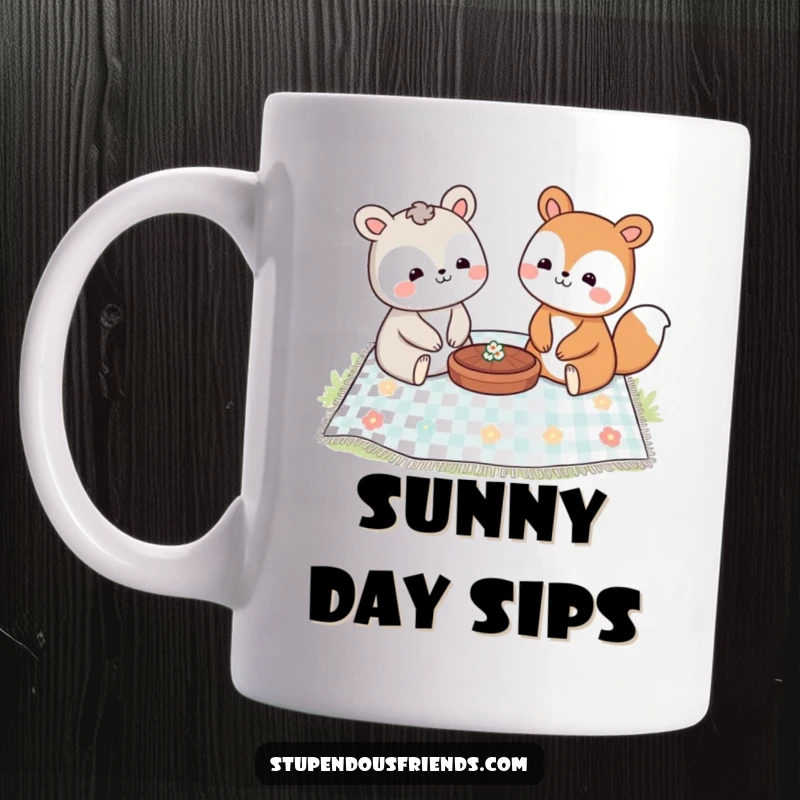 Funny mug shows two happy animal characters sharing a picnic blanket with food, smiling contentedly at each other.