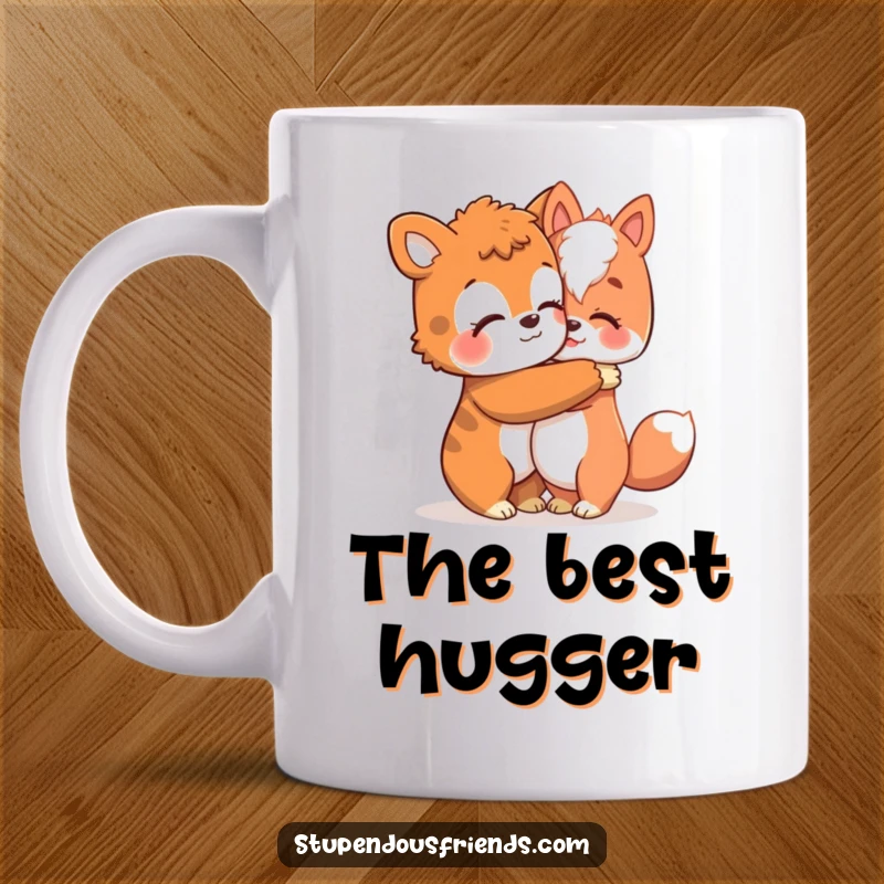 Funny mug depicting one animal character giving a warm, comforting hug to another, symbolizing kindness and affection.
