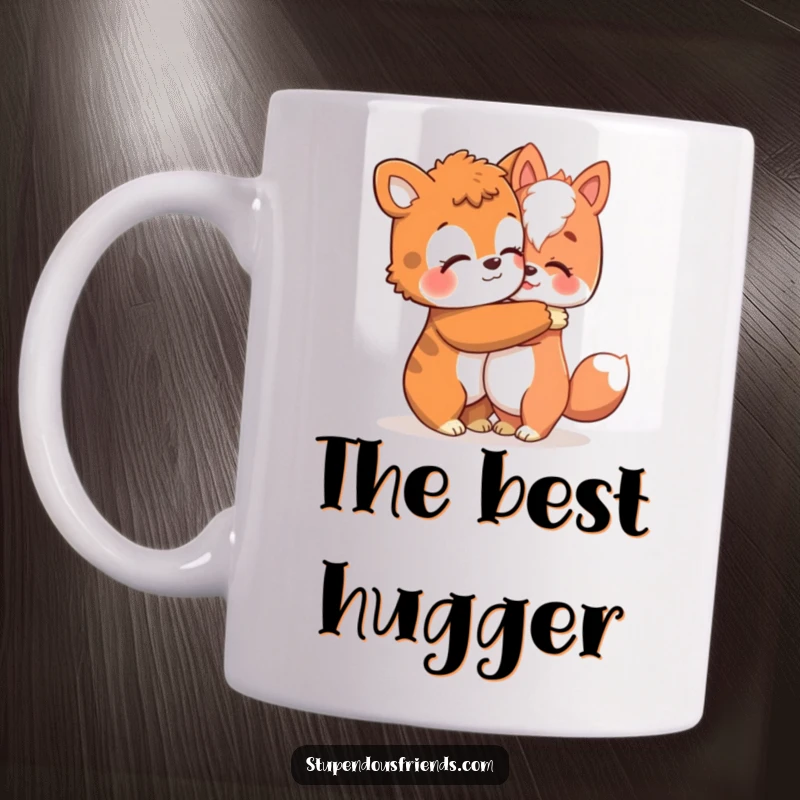Funny mug depicting one animal character giving a warm, comforting hug to another, symbolizing kindness and affection.