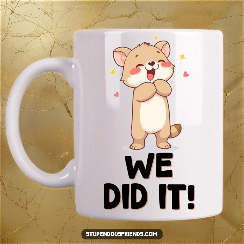 Funny mug featuring a cheerful animal character giving another a big celebratory hug, expressing pure joy and friendship.