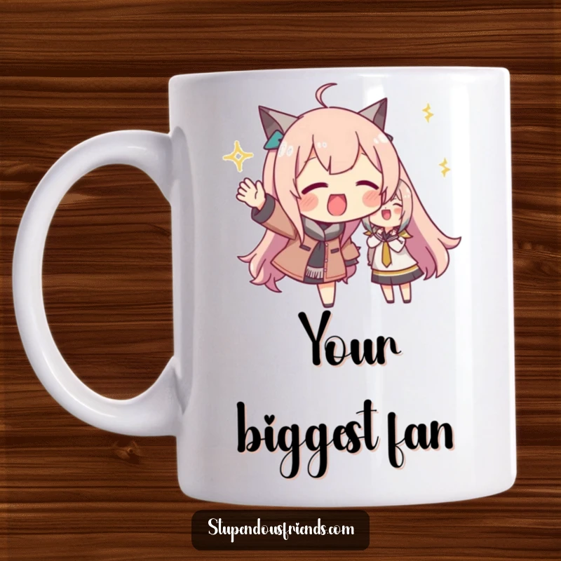 Funny mug with a character enthusiastically cheering and gesturing wildly to support a friend, radiating positive energy and encouragement.