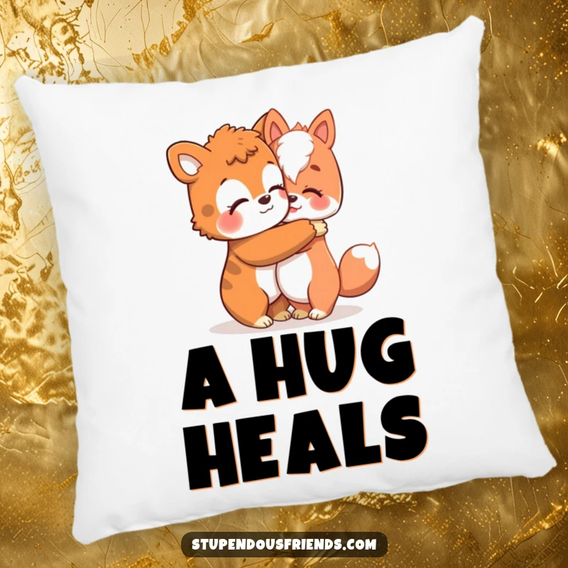 Funny pillow showing a caring animal character giving a heartfelt hug, symbolizing comfort, love, and emotional support.