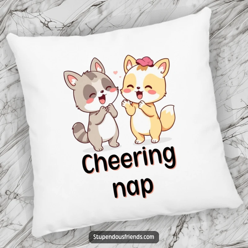 Funny pillow featuring an animal companion enthusiastically cheering, perfect for adding comfort and a humorous, supportive vibe.