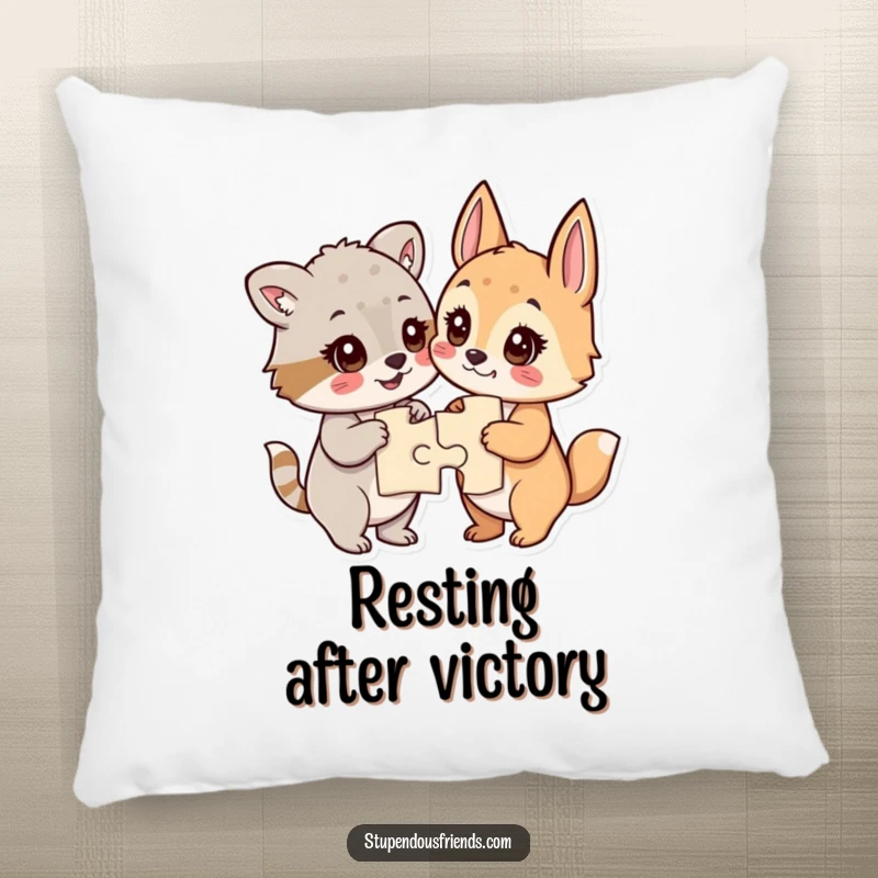 Funny pillow with a cute design of animals looking proud and accomplished after finishing a jigsaw puzzle.