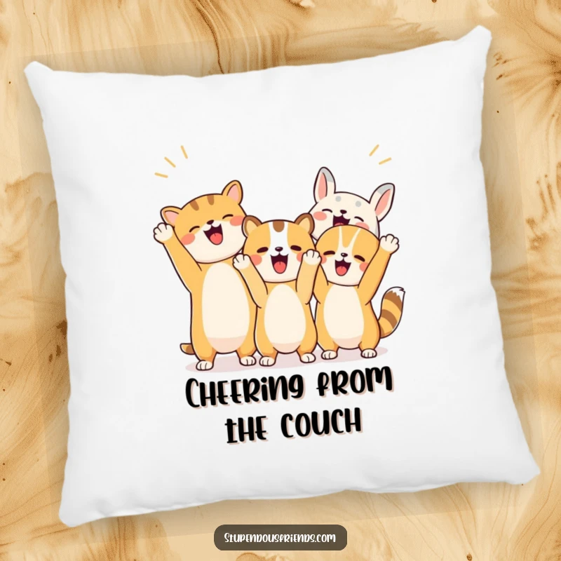 Funny pillow with a cute design of animals cheering enthusiastically with raised paws and happy expressions.