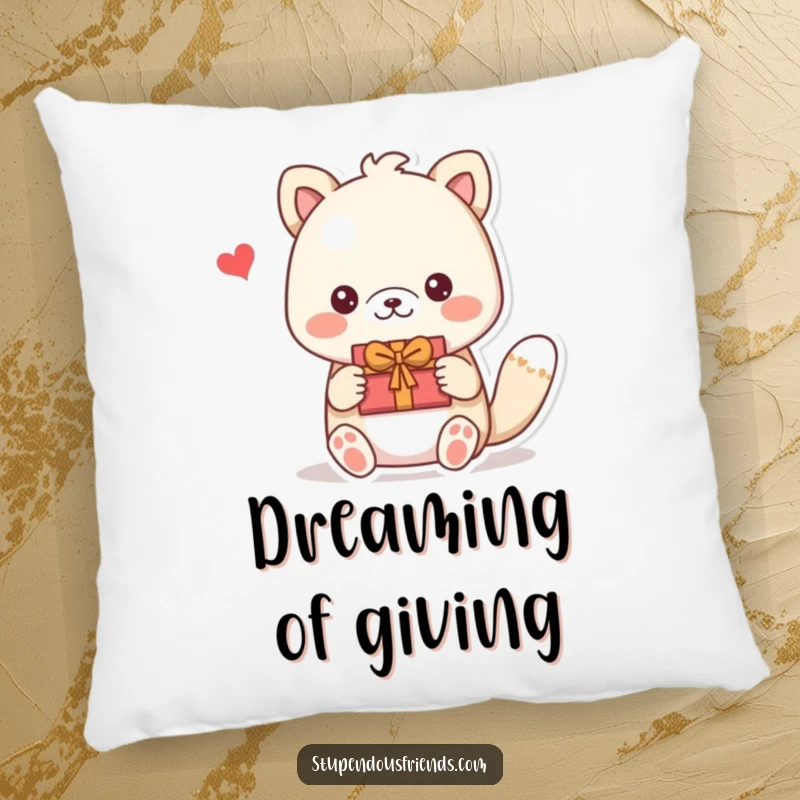 Funny pillow with an animal presenting a handmade gift, creating a cozy and thoughtful atmosphere. A comforting funny gift.