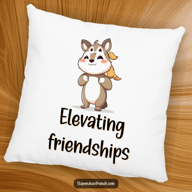 Funny pillow showing a proud animal character lifting its smaller friend, symbolizing comfort, security, and loving support.