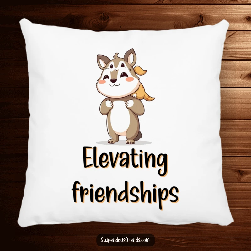 Funny pillow showing a proud animal character lifting its smaller friend, symbolizing comfort, security, and loving support.