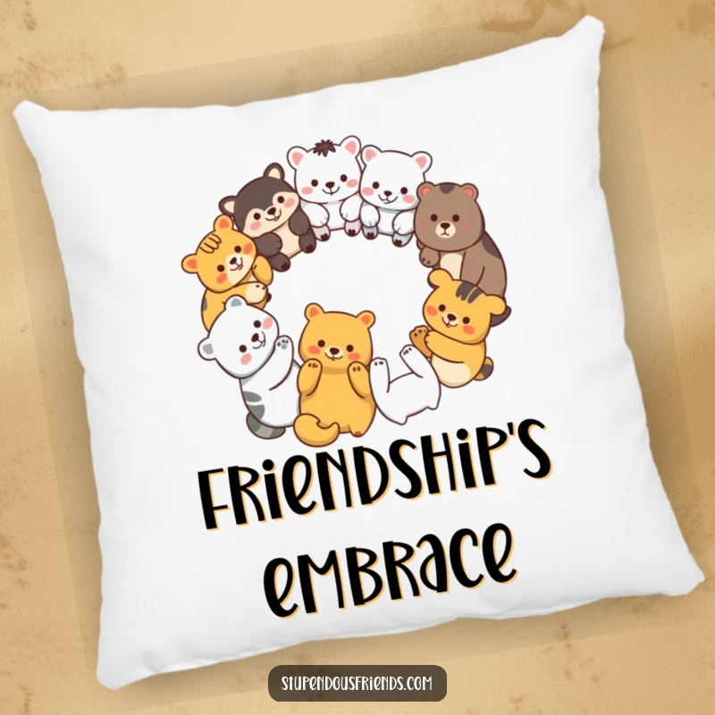 Funny pillow featuring a diverse group of smiling animal characters in a circle, holding paws, embodying comfort and unity.